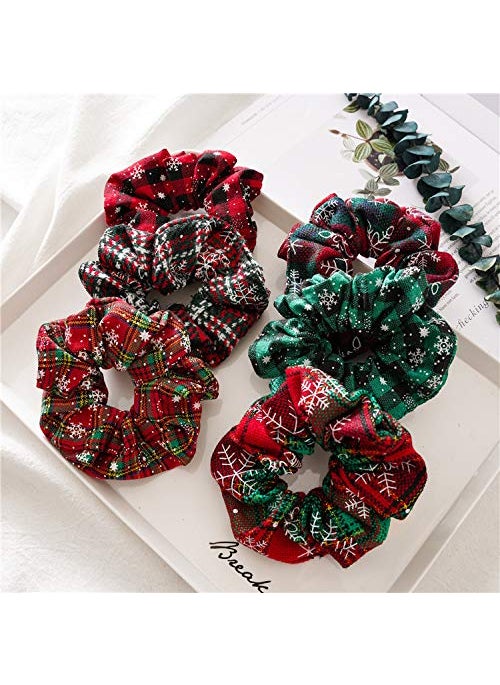 Funlovin - 6pcs Christmas Scrunchies for Hair Scrunchie Holder Ponytail Elastics Hair Ties Hair Bands Winter Snowflake Cloth Plaid Checkered Pattern Soft Cute Scrunchy Pack for Girls Women Red Green - Image 1