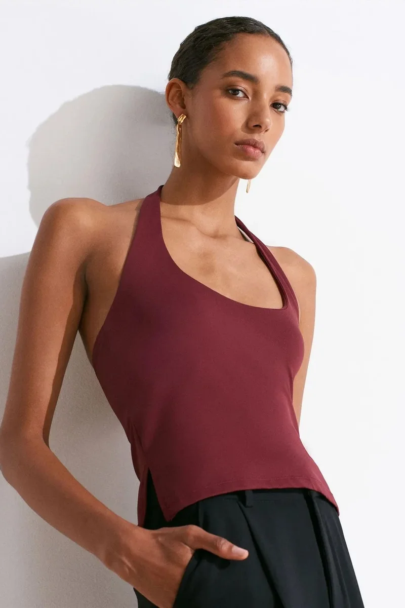 Dilvin Burgundy Red DILVIN Women's Slim Fit Halter Neck Cut-Out Top for Women | Best Price UAE