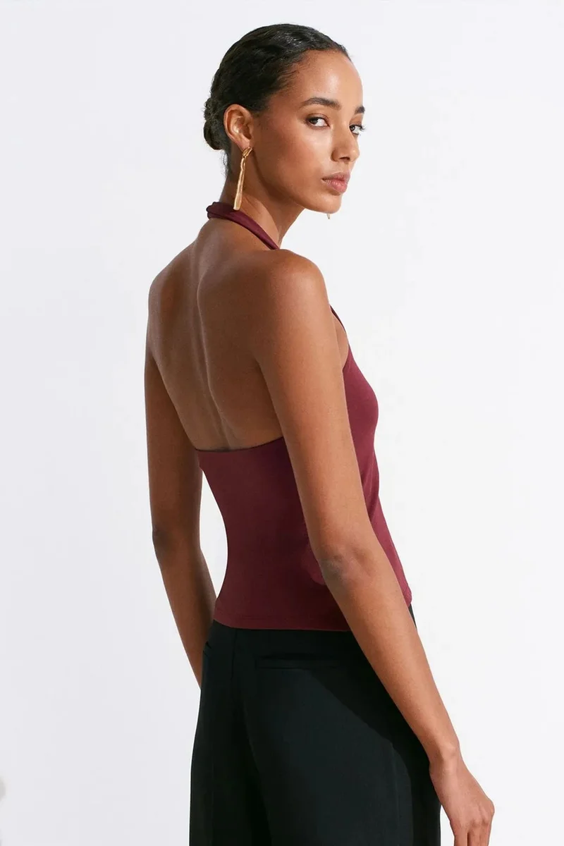 Dilvin Burgundy Red DILVIN Women's Slim Fit Halter Neck Cut-Out Top for Women | Best Price UAE