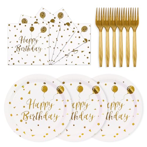 PUEVENYI 75PCS Happy Birthday Paper Plates - 7 Inch White Gold Dot Paper Plates and 6.5 Inch Napkins with 6.3 Inch Forks Disposable Tableware Set for Birthday Party Decorations, Serves 25 - Image 1