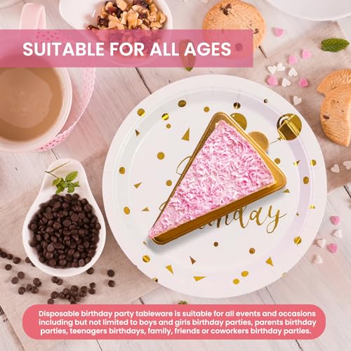 PUEVENYI 75PCS Happy Birthday Paper Plates - 7 Inch White Gold Dot Paper Plates and 6.5 Inch Napkins with 6.3 Inch Forks Disposable Tableware Set for Birthday Party Decorations, Serves 25 - Image 5