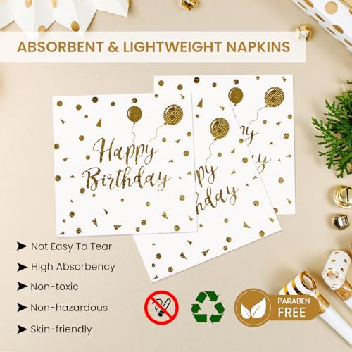 PUEVENYI 75PCS Happy Birthday Paper Plates - 7 Inch White Gold Dot Paper Plates and 6.5 Inch Napkins with 6.3 Inch Forks Disposable Tableware Set for Birthday Party Decorations, Serves 25 - Image 4