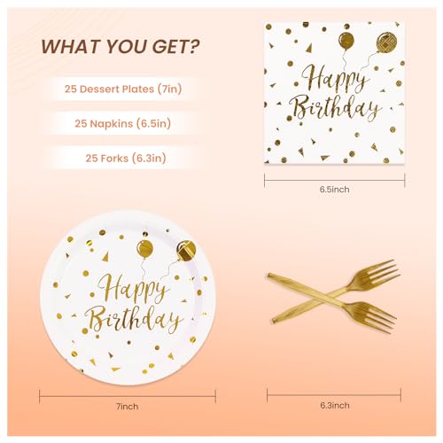 PUEVENYI 75PCS Happy Birthday Paper Plates - 7 Inch White Gold Dot Paper Plates and 6.5 Inch Napkins with 6.3 Inch Forks Disposable Tableware Set for Birthday Party Decorations, Serves 25 - Image 2