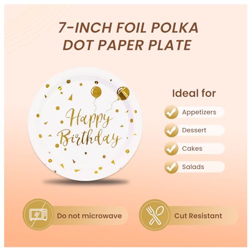 PUEVENYI 75PCS Happy Birthday Paper Plates - 7 Inch White Gold Dot Paper Plates and 6.5 Inch Napkins with 6.3 Inch Forks Disposable Tableware Set for Birthday Party Decorations, Serves 25 - Image 3