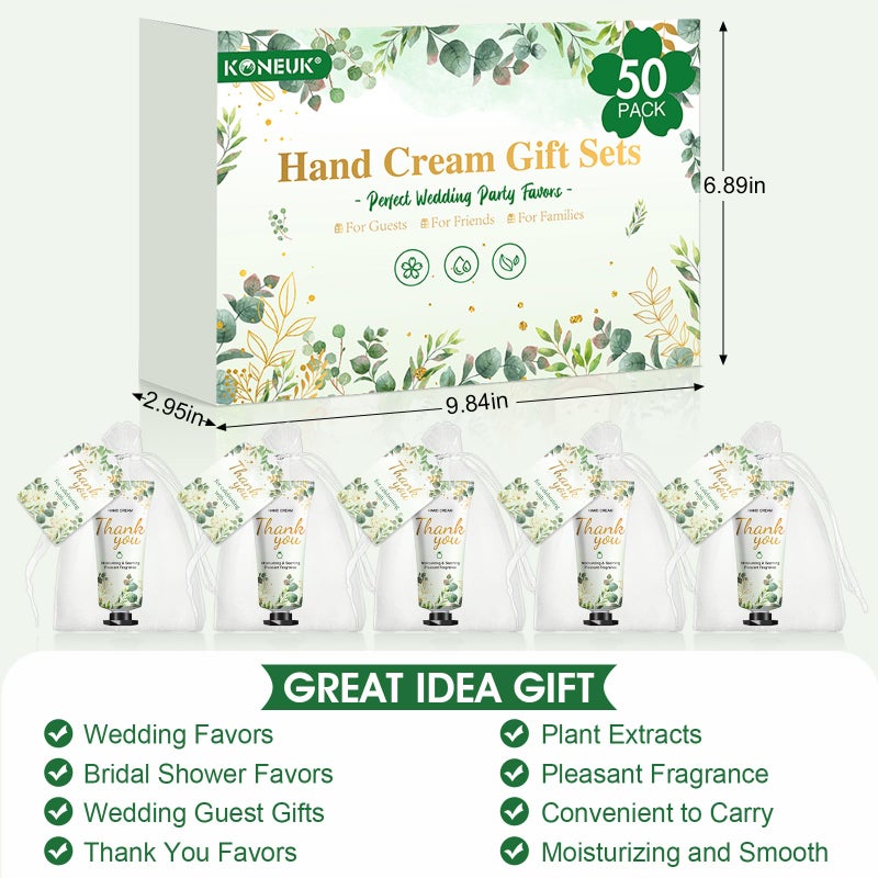 KONEUK 50 Pack Bulk Hand Cream Gifts Sets, Wedding Party Favors, Bridal Shower Gifts and Baby Shower Party Favors for Guests with Organza Bag and Thank You Card, Bulk Thank You Gifts for Women(Eucalyptus) - Image 4
