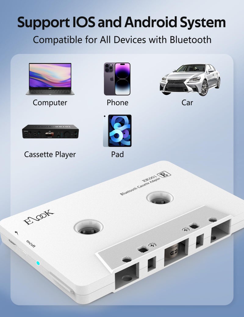 Elook Car Audio Receiver, Bluetooth Cassette Receiver Tape Aux Adapter Player with Bluetooth 5.0, White - Image 3