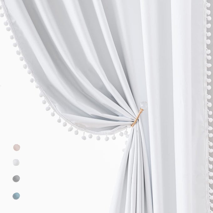 WHITE BLACKOUT CURTAINS FOR LIVING ROOM BEDROOM 84INCH LONG POM POM CURTAIN PANELS FOR WINDOWS THERMAL INSULATED CURTAINS FOR KIDS NURSERY ROOM ROD POCKET 52 W X 2PCS