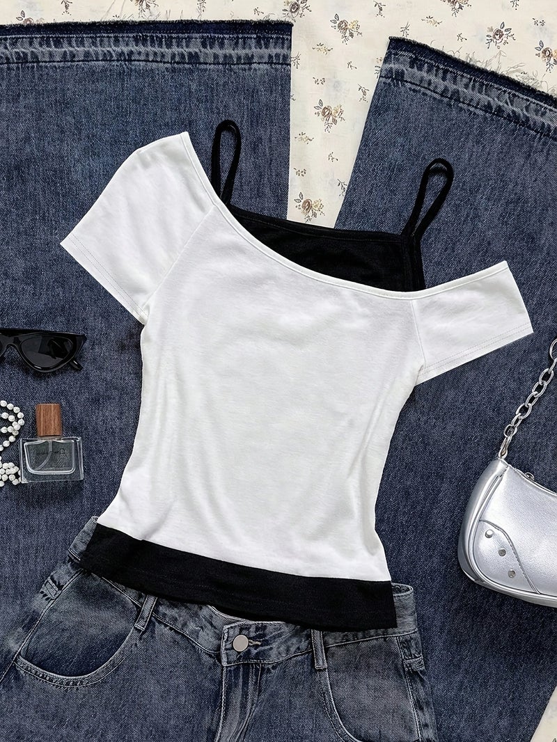 Women'S Summer Fake Two - Piece Off - The - Shoulder Halter Short - Sleeved T - Shirt, Fashionable And Versatile, Slim - Fit And Hot Short Top for Junior And Senior High - White+black / XS - Image 3