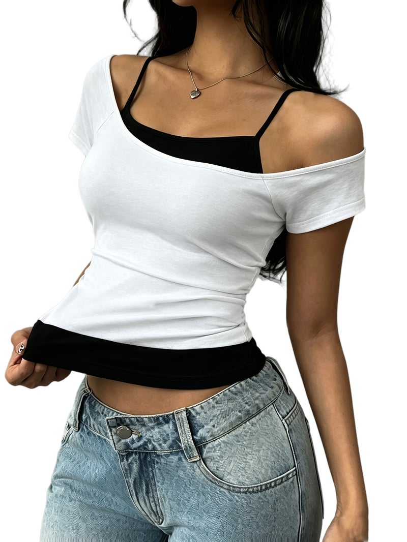 Women'S Summer Fake Two - Piece Off - The - Shoulder Halter Short - Sleeved T - Shirt, Fashionable And Versatile, Slim - Fit And Hot Short Top for Junior And Senior High - White+black / XS - Image 1
