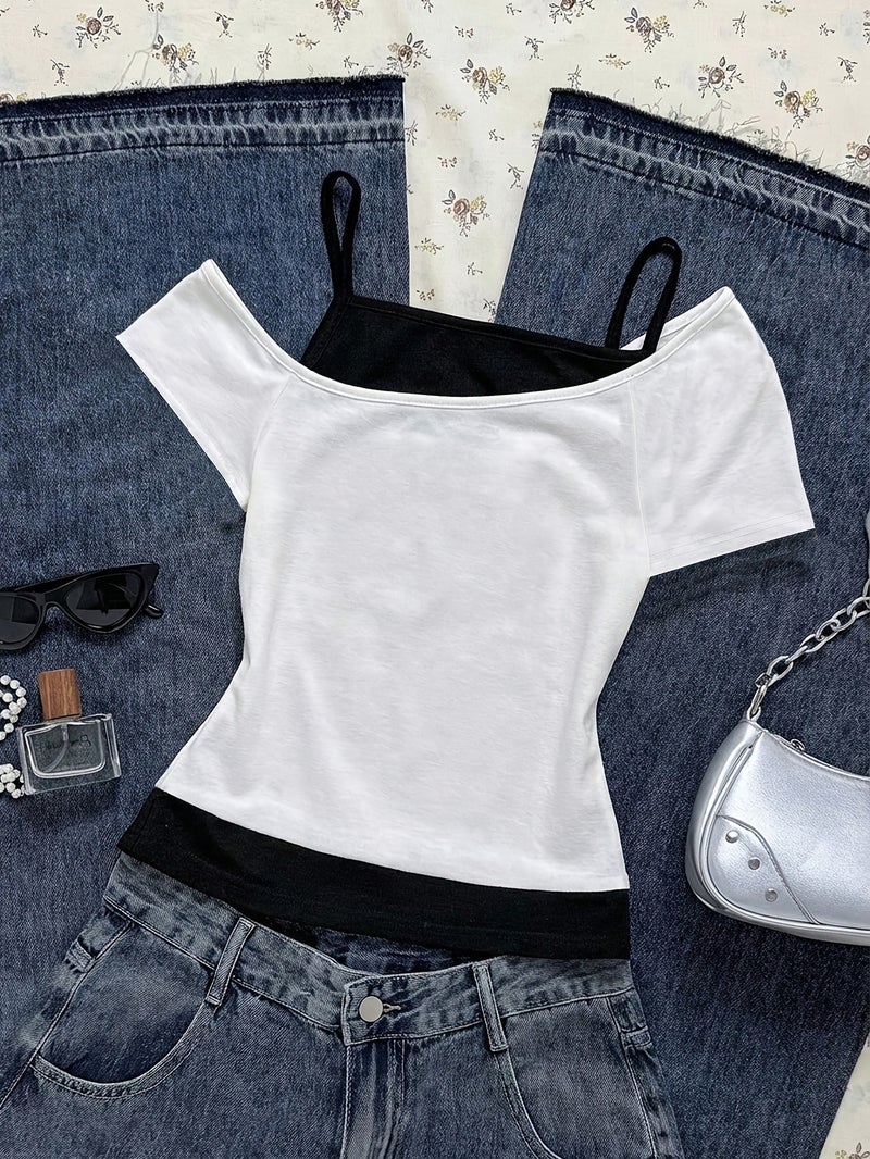 Women'S Summer Fake Two - Piece Off - The - Shoulder Halter Short - Sleeved T - Shirt, Fashionable And Versatile, Slim - Fit And Hot Short Top for Junior And Senior High - White+black / XS - Image 2