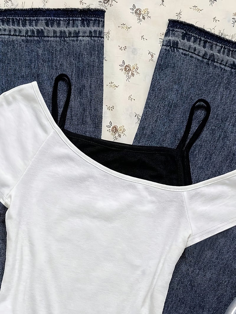 Women'S Summer Fake Two - Piece Off - The - Shoulder Halter Short - Sleeved T - Shirt, Fashionable And Versatile, Slim - Fit And Hot Short Top for Junior And Senior High - White+black / XS - Image 4