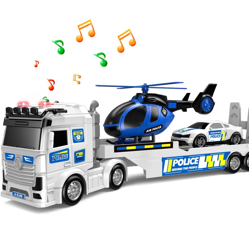 DWIRCTOYS Kids Toys for Ages 3 4 5 6 7 8 Years Old Boys 25 Large Police Semi Truck with Helicopter Race Car Friction Powered Vehicle with Lights SoundsBirthday Gift for Boys Girls - Image 3