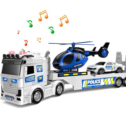 DWIRCTOYS Kids Toys for Ages 3 4 5 6 7 8 Years Old Boys 25 Large Police Semi Truck with Helicopter Race Car Friction Powered Vehicle with Lights SoundsBirthday Gift for Boys Girls - Image 1