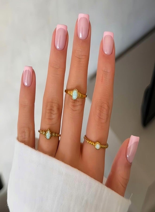 KQueenest 30 Pcs Light Pink French Tip Press on Nails Short Square Nails Press ons, Natural Nude Fake Nails Acrylic, Classic Glue on Nails Short Coffin, Gel French Nails for Women DIY Manicure - Image 1