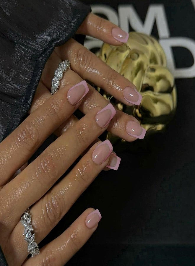 KQueenest 30 Pcs Light Pink French Tip Press on Nails Short Square Nails Press ons, Natural Nude Fake Nails Acrylic, Classic Glue on Nails Short Coffin, Gel French Nails for Women DIY Manicure - Image 2
