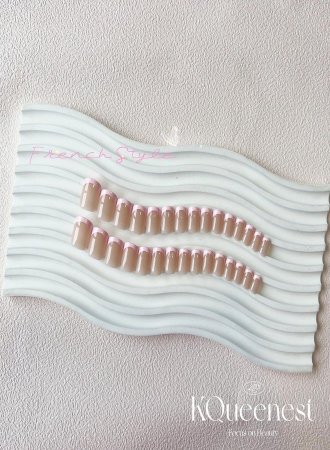 KQueenest 30 Pcs Light Pink French Tip Press on Nails Short Square Nails Press ons, Natural Nude Fake Nails Acrylic, Classic Glue on Nails Short Coffin, Gel French Nails for Women DIY Manicure - Image 4