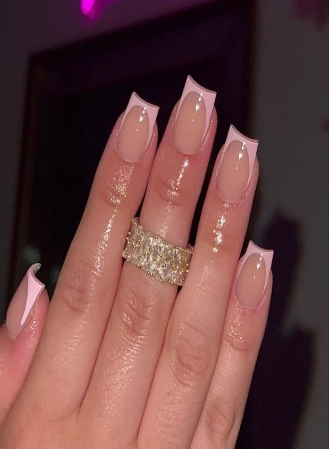 KQueenest 30 Pcs Light Pink French Tip Press on Nails Short Square Nails Press ons, Natural Nude Fake Nails Acrylic, Classic Glue on Nails Short Coffin, Gel French Nails for Women DIY Manicure - Image 3