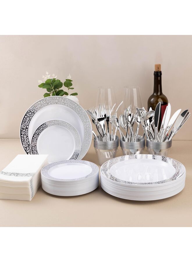يُسلِّم مجموعة أدوات مائدة بلاستيكية فضية مكونة من 350 قطعة تكفي 50 ضيفًا، أطباق للاستخدام مرة واحدة للحفلات وحفلات الزفاف، تتضمن 50 طبق عشاء، 50 طبق حلوى، 50 مجموعة أدوات مائدة فضية، 50 كوبًا، 50 منديلًا - Image 5