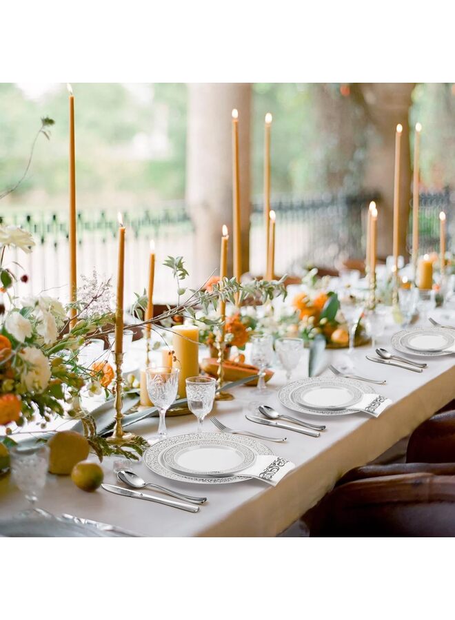 يُسلِّم مجموعة أدوات مائدة بلاستيكية فضية مكونة من 350 قطعة تكفي 50 ضيفًا، أطباق للاستخدام مرة واحدة للحفلات وحفلات الزفاف، تتضمن 50 طبق عشاء، 50 طبق حلوى، 50 مجموعة أدوات مائدة فضية، 50 كوبًا، 50 منديلًا - Image 4