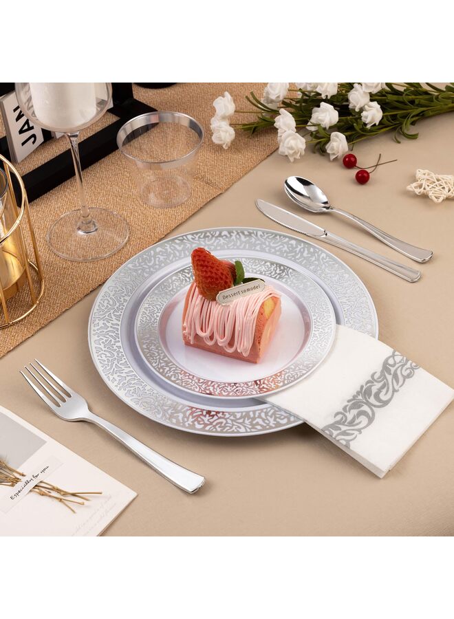 يُسلِّم مجموعة أدوات مائدة بلاستيكية فضية مكونة من 350 قطعة تكفي 50 ضيفًا، أطباق للاستخدام مرة واحدة للحفلات وحفلات الزفاف، تتضمن 50 طبق عشاء، 50 طبق حلوى، 50 مجموعة أدوات مائدة فضية، 50 كوبًا، 50 منديلًا - Image 3