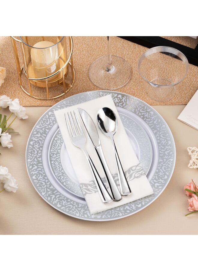 يُسلِّم مجموعة أدوات مائدة بلاستيكية فضية مكونة من 350 قطعة تكفي 50 ضيفًا، أطباق للاستخدام مرة واحدة للحفلات وحفلات الزفاف، تتضمن 50 طبق عشاء، 50 طبق حلوى، 50 مجموعة أدوات مائدة فضية، 50 كوبًا، 50 منديلًا - Image 2