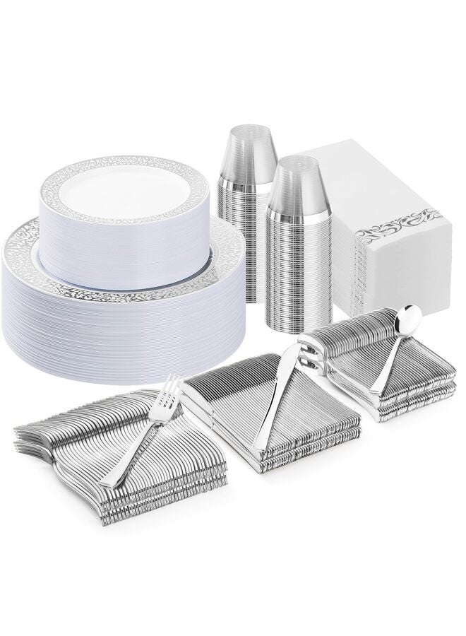 يُسلِّم مجموعة أدوات مائدة بلاستيكية فضية مكونة من 350 قطعة تكفي 50 ضيفًا، أطباق للاستخدام مرة واحدة للحفلات وحفلات الزفاف، تتضمن 50 طبق عشاء، 50 طبق حلوى، 50 مجموعة أدوات مائدة فضية، 50 كوبًا، 50 منديلًا - Image 1
