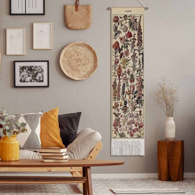 Tegeme Vintage Tapestry 52 x 13 Inch, Long Vertical Wall Hanging Reference Illustrative Botanical Tassel Tapestry for Bedroom Living Room Home Decoration(Flower) - Image 5