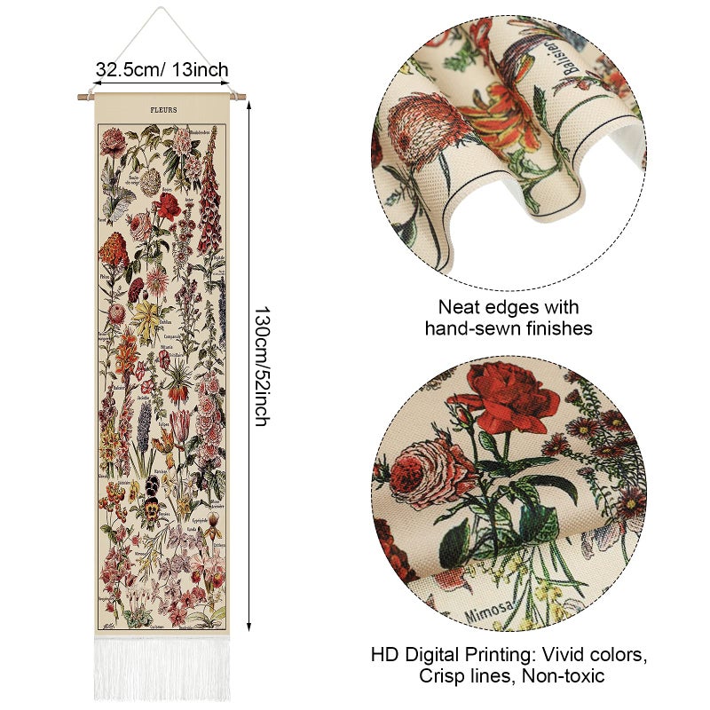 Tegeme Vintage Tapestry 52 x 13 Inch, Long Vertical Wall Hanging Reference Illustrative Botanical Tassel Tapestry for Bedroom Living Room Home Decoration(Flower) - Image 2