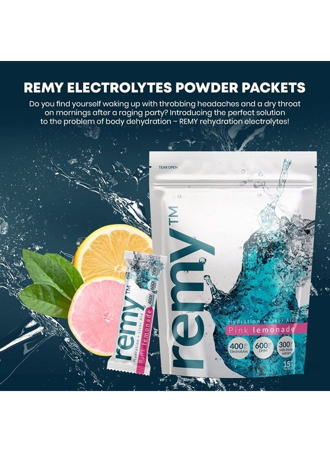 Remy - Hydration + Liver Aid - 15 Electrolyte Powder Packets – Hangover Relief – DHM, Milk Thistle, White Willow Bark, Vitamin B - for Better Mornings - Image 1