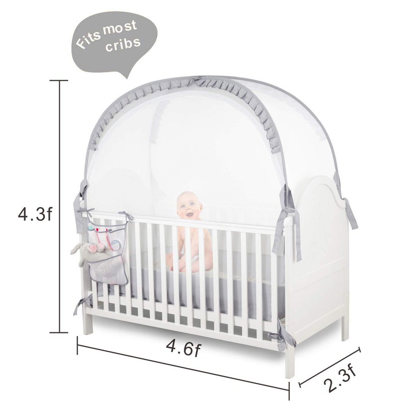 ZXPLO Baby Safety Crib Tent Infant Pop up Mosquito Net Nursery Bed Canopy Netting Cover - Keep Baby from Climbing Out with Hanging Diaper Storage Bag (Gray) - Image 5