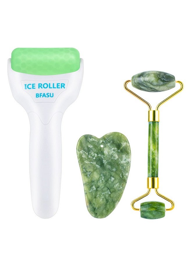 BFASU Facial Roller Set Of 3 Ice Roller Twosided Jade Roller And Gua Sha Massage Tool Rolling Tool For Facial Beauty And Body Massage Helps Reduce Puffyskin Care Gifts (Green) - Image 1
