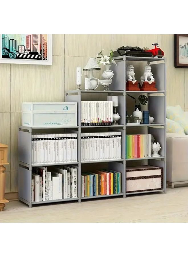 خزانة كتب متعددة الاستخدامات، إطار معدني ثقيل، أرفف بلاستيكية، تجميع سهل بنفسك، توفير المساحة، خزانة كتب متعددة الطبقات، منظم خزانة لغرفة المعيشة وغرفة النوم والدراسة، متين يتسع لـ 50 وحدة، تصميم أنيق متعدد الوظائف، شكل شبه منحرف، لون رمادي نهائي، خزائن محمولة. - Image 1