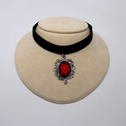Real Metal Gothic Red Rose Cameo Black Velvet Choker Adjustable Size Cosplay Jewelry - Image 4