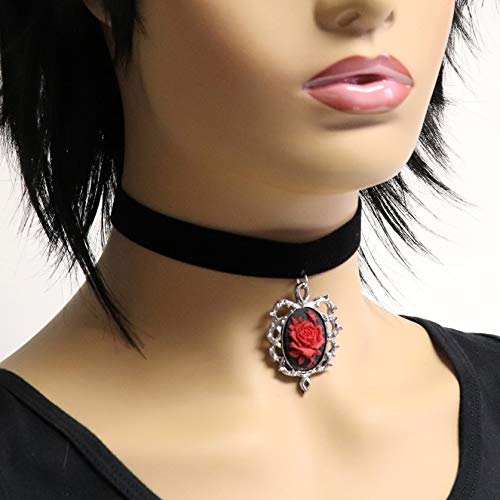 Real Metal Gothic Red Rose Cameo Black Velvet Choker Adjustable Size Cosplay Jewelry - Image 2