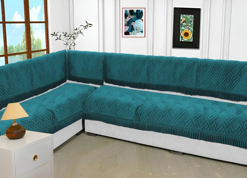 Fashion Throw 'Homefrill Series' Sofa Cover L Shape 6 Seater Sofa Cover Premium Velvet Frill | Anti-Slip Sofa Slipcovers for Living Room Covers for Wooden Furniture Teal, L-Shape(3+3)+ Back - Image 1