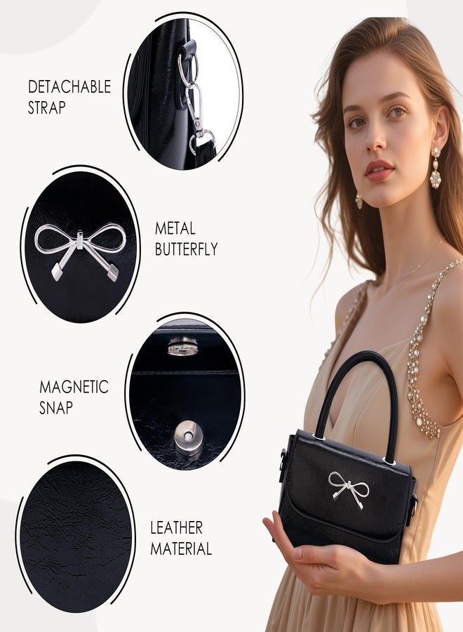 Rancco Crossbody Bag for Women, Black PU Leather Bowknot Shoulder Bag, Purse u0026 Handheld Clutch with Metal Bow, handbag w/Trendy Bag Top Handle, Small Handbags for Vacations, Parties, Romantic Dates - Image 3