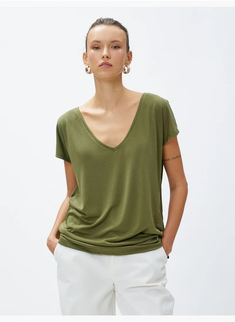 كوتون V Neck Basic T-Shirt Slit Detail