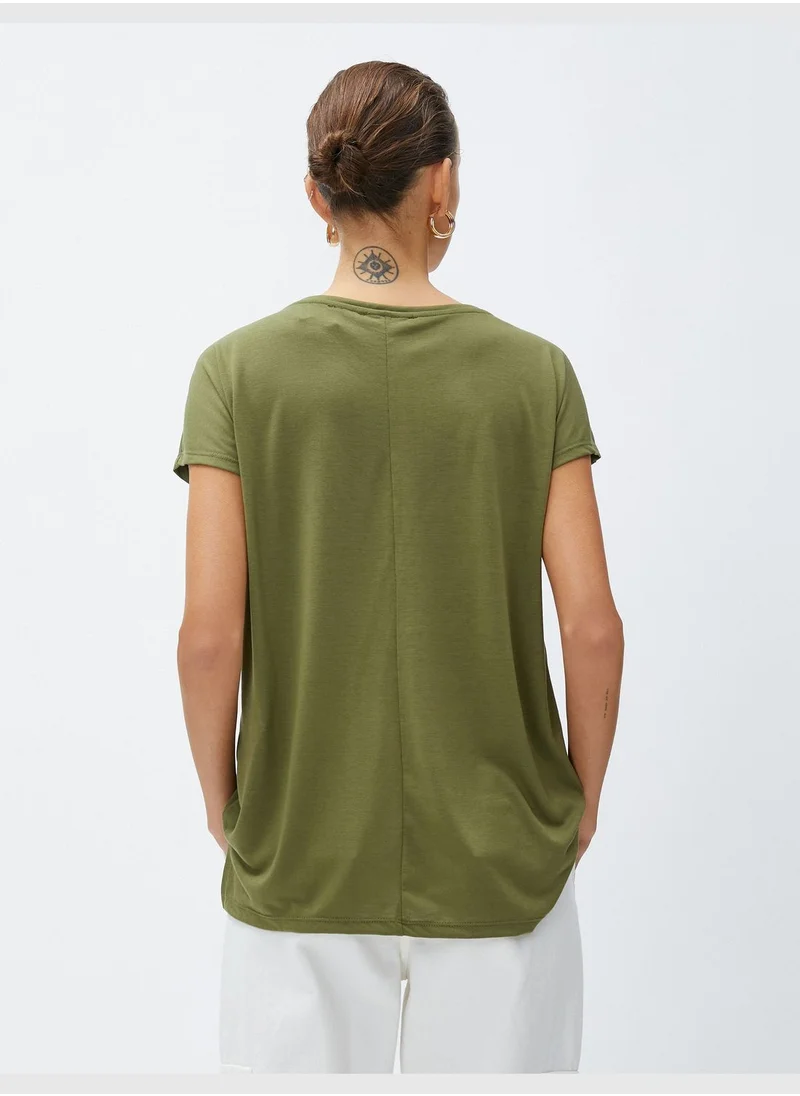 كوتون V Neck Basic T-Shirt Slit Detail