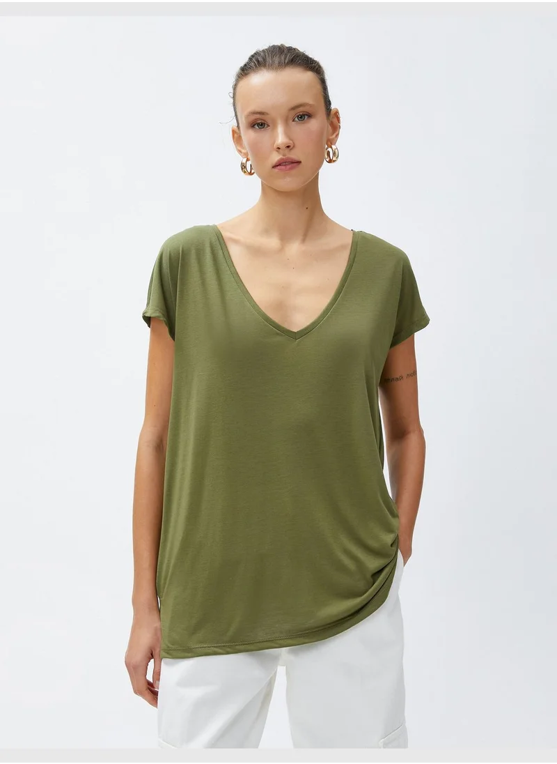 كوتون V Neck Basic T-Shirt Slit Detail