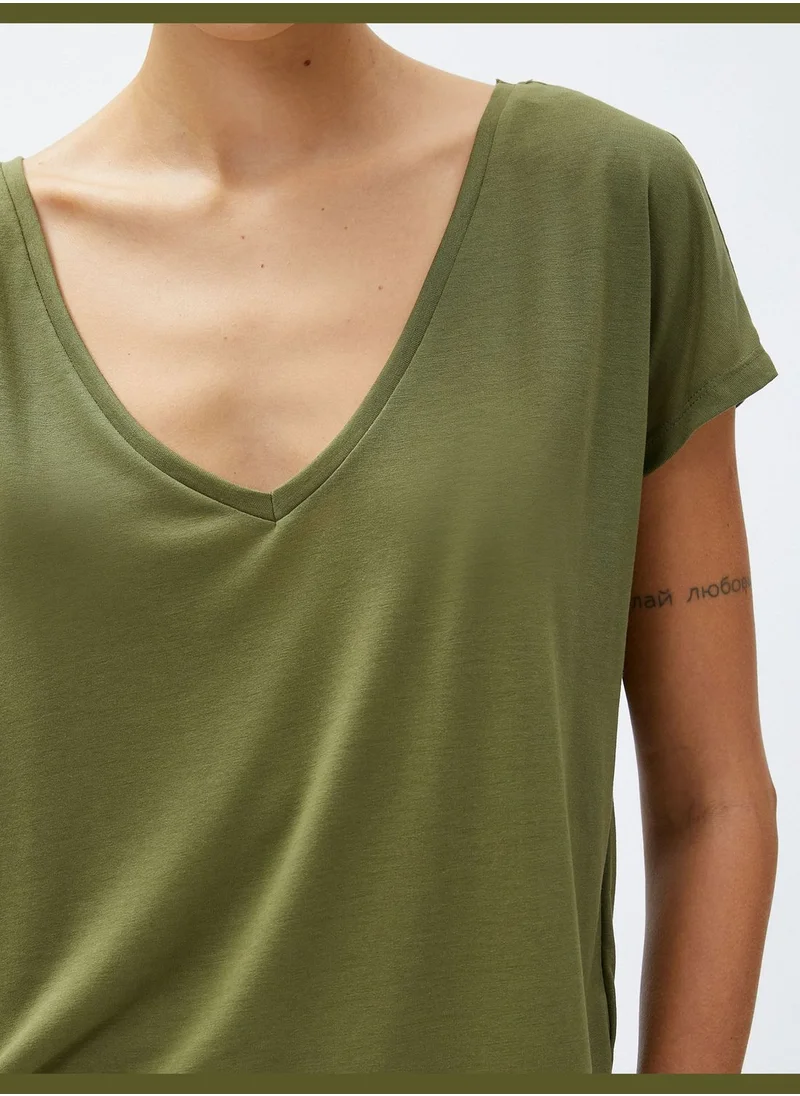 كوتون V Neck Basic T-Shirt Slit Detail