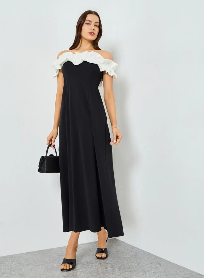 Take Two Black Off Shoulder Contrast Ruffled Detail Maxi Dress