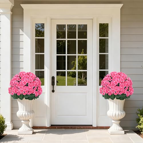 Grooy Artificial Plants Flowers Topiary Ball for Outdoor, 2 Pack Fake Silk Crabapple Flower Plant Bushes, UV Resistant Realistic Plants Shurbs for Outside,Front Porch,Patio,Yard(Pink) - Image 2