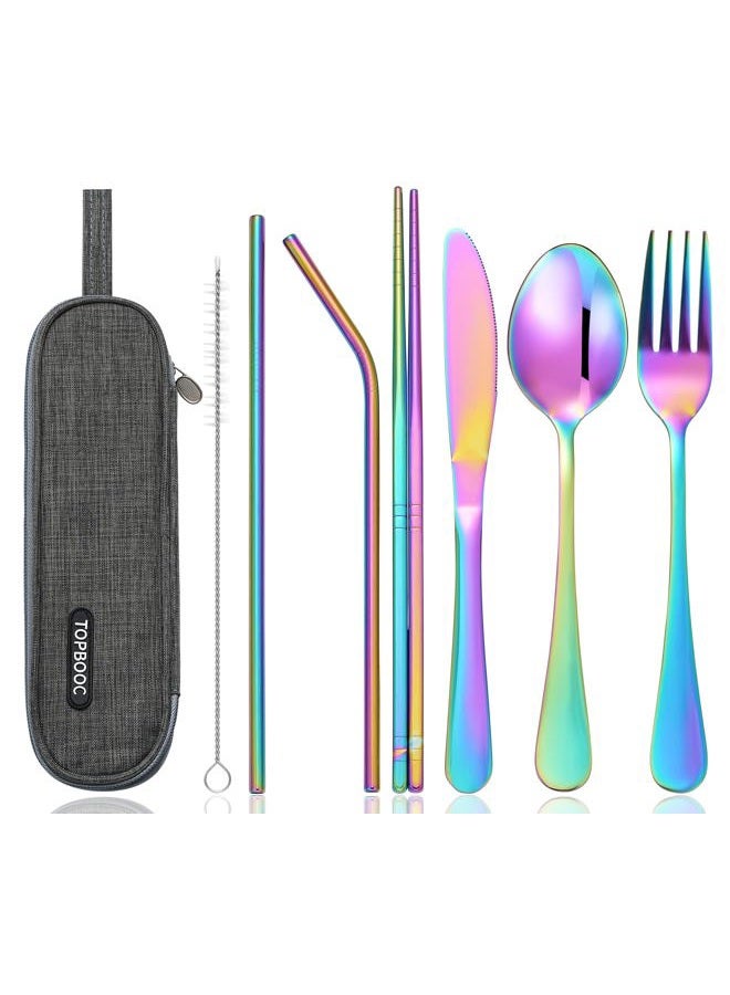 Portable Stainless Steel Flatware Set, Travel Camping Cutlery Set, Portable Utensil Travel Silverware Dinnerware Set with a Waterproof Case (8-pieces flatware set rainbow)