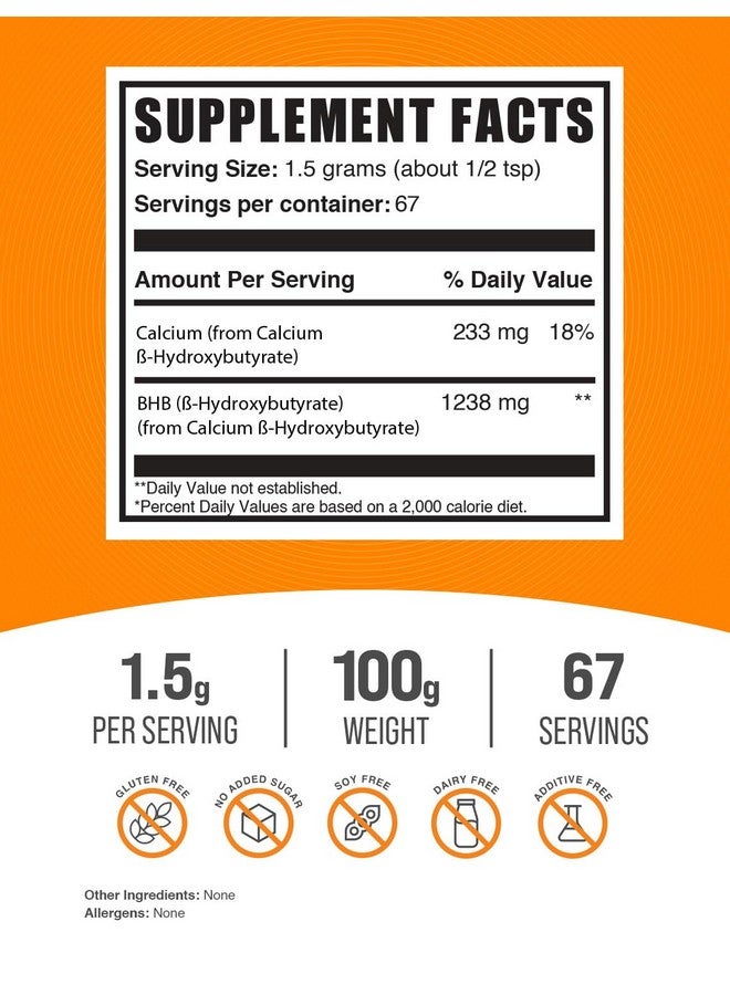BulkSupplements مسحوق الكالسيوم BHB من BulkSupplements.com - مسحوق بيتا هيدروكسي بيوتيرات، مكمل BHB - بدون نكهة وخالي من الغلوتين، 1.5 جرام لكل حصة، 100 جرام (3.5 أونصة) (عبوة واحدة) - Image 2