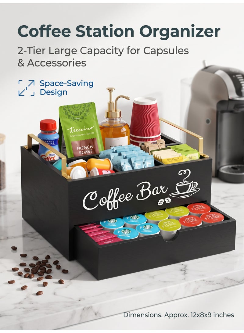nihao Coffee Bar Accessories Organizer Countertop, Wood Coffee Station Organizer with Handle, K Cup Storage Basket Coffee Pod Holders with Drawer, Farmhouse Coffee Condiment Organizer for Coffee Bar Deco - Image 1