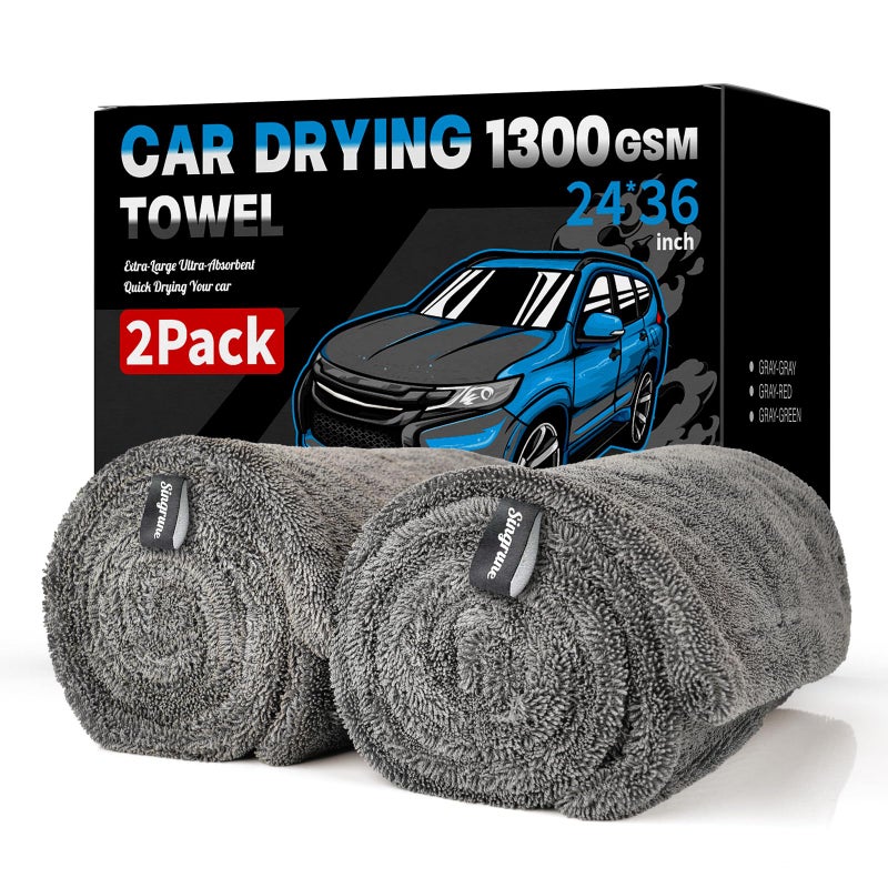 Singrune 2 Pack XL Car Drying Towel â€“ 1300GSM Ultra Absorbent Microfiber, 24"x36" Large Size, Twisted Loop, Lint-Free & Streak-Free for Auto Detailing, Car, SUV, Truck (Gray-Gray) - Image 1
