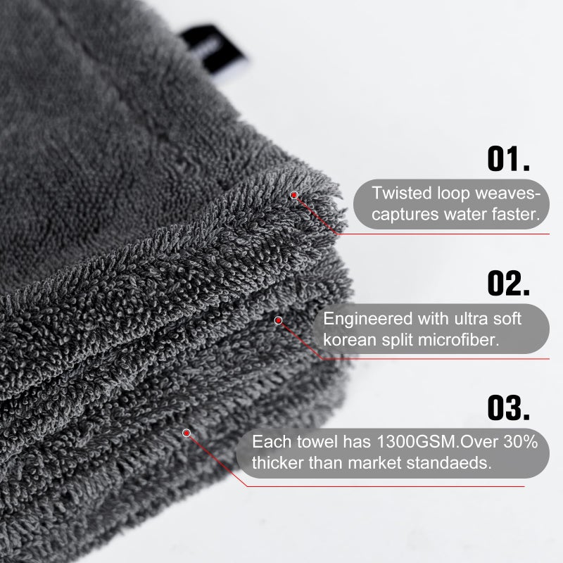 Singrune 2 Pack XL Car Drying Towel â€“ 1300GSM Ultra Absorbent Microfiber, 24"x36" Large Size, Twisted Loop, Lint-Free & Streak-Free for Auto Detailing, Car, SUV, Truck (Gray-Gray) - Image 5