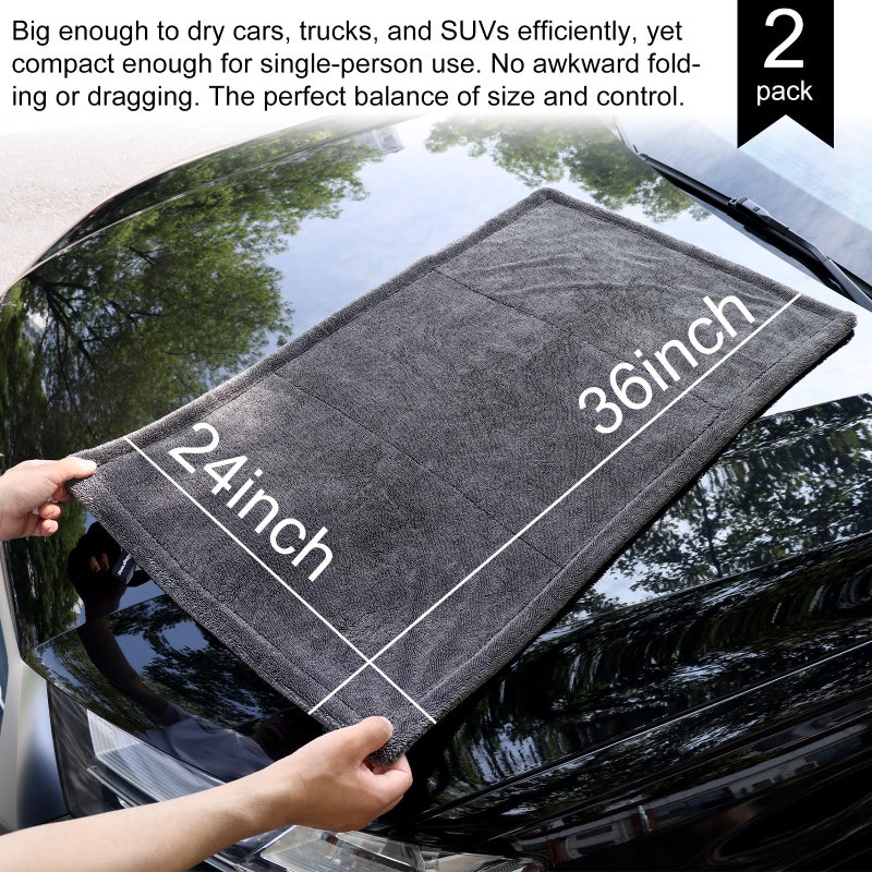 Singrune 2 Pack XL Car Drying Towel â€“ 1300GSM Ultra Absorbent Microfiber, 24"x36" Large Size, Twisted Loop, Lint-Free & Streak-Free for Auto Detailing, Car, SUV, Truck (Gray-Gray) - Image 2
