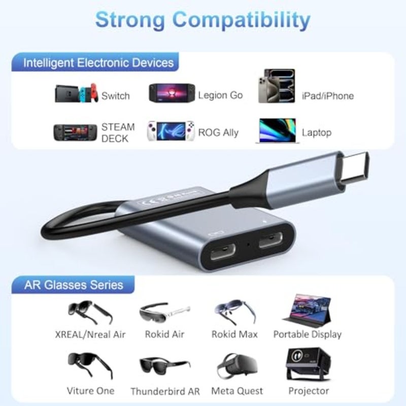 محول نظارات USB C إلى AR، ومحول محور الشحن والتشغيل، قم بتشغيل نظارتك الذكية أثناء شحن جهاز المصدر للتبديل، وسطح البخار، وROG Ally، والهاتف 15 نظارات RayNeo/Rokid/Xreal AR والمزيد - Image 5