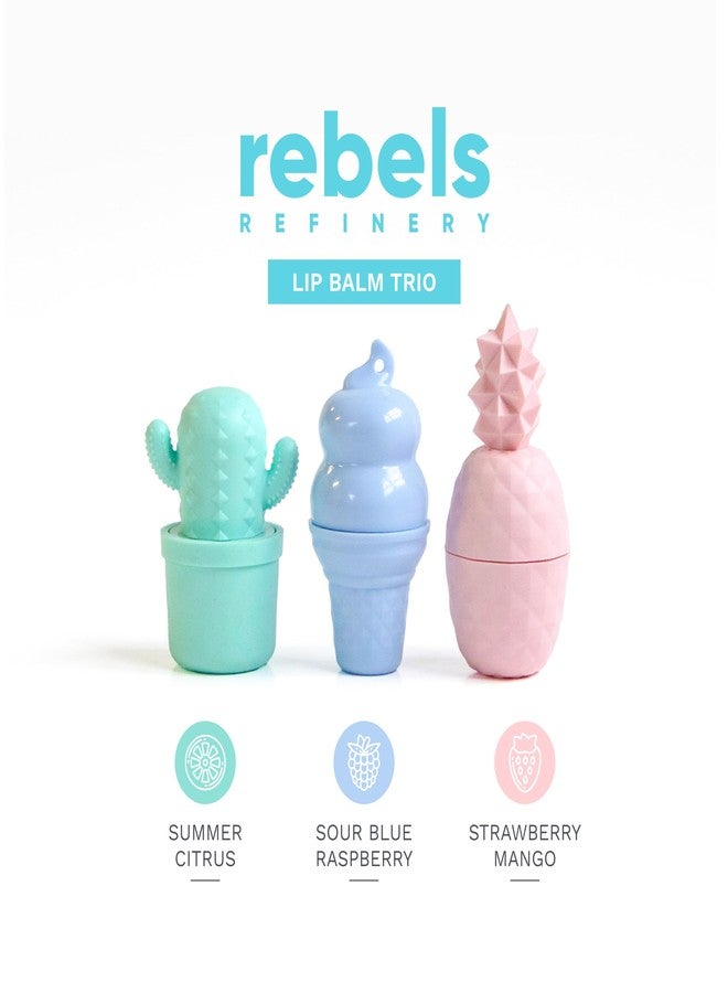 Rebels Refinery Mixed Lip Balm Trio - 100% Natural & Organic All-Day Moisture Care - Summer Citrus, Sour Blue Raspberry, Strawberry Mango Flavors - Image 3